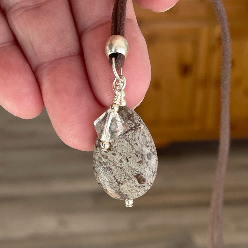 Handmade Brown Russian Snowflake Obsidian Stone Pendant Necklace 18” Cord